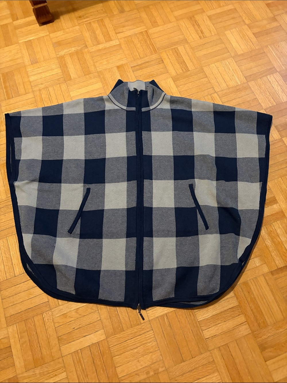 Bylyse Zip-Front Plaid Poncho in Navy and  gray, NWOT